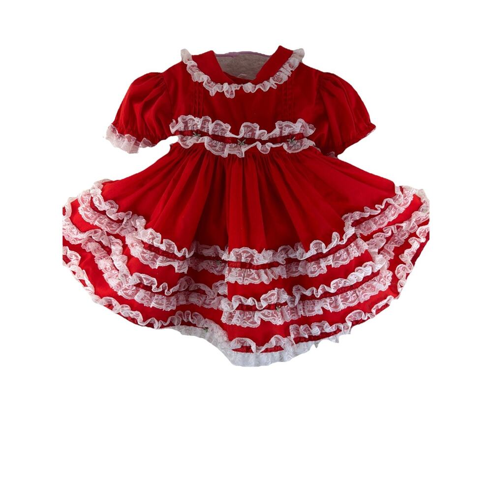 Vtg Mary Louise Original Ruffled Red Circle Dress Girls Size 18 Month Lace Party